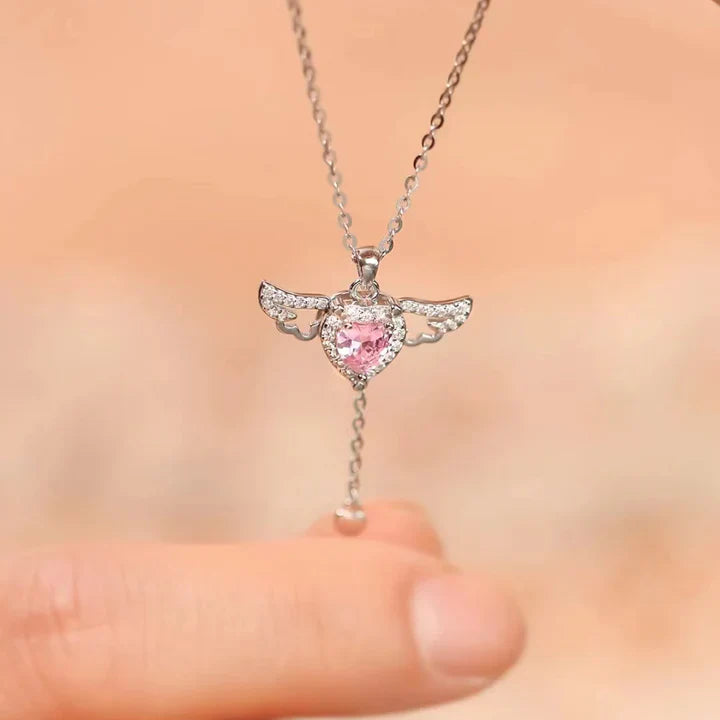 Movable Pink Crystal Zircon Diamond Love Heart Angel Wings Pendant Necklace