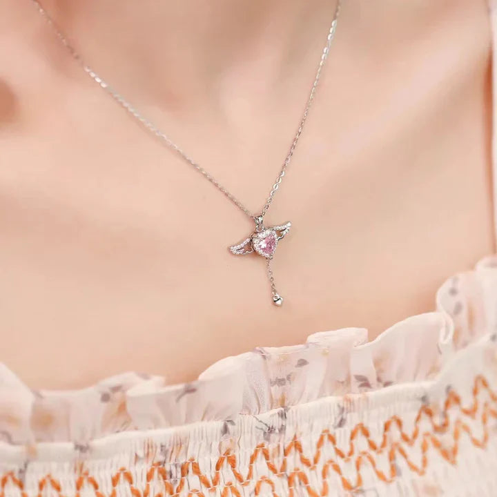 Movable Pink Crystal Zircon Diamond Love Heart Angel Wings Pendant Necklace