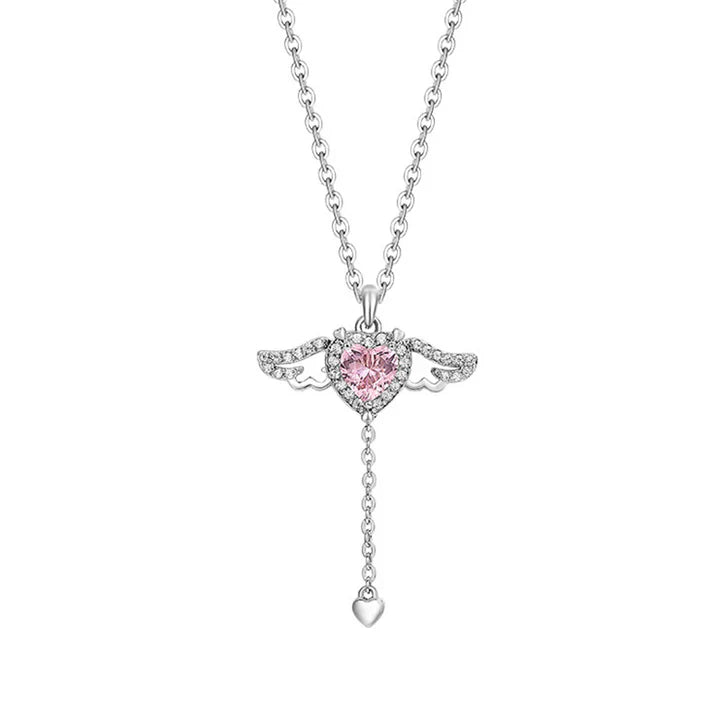 Movable Pink Crystal Zircon Diamond Love Heart Angel Wings Pendant Necklace